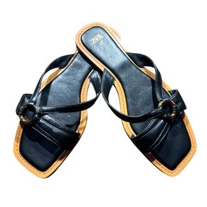 Zara Black Flat Sandals with Gold Round Detail, Size‎ 39 NWOT